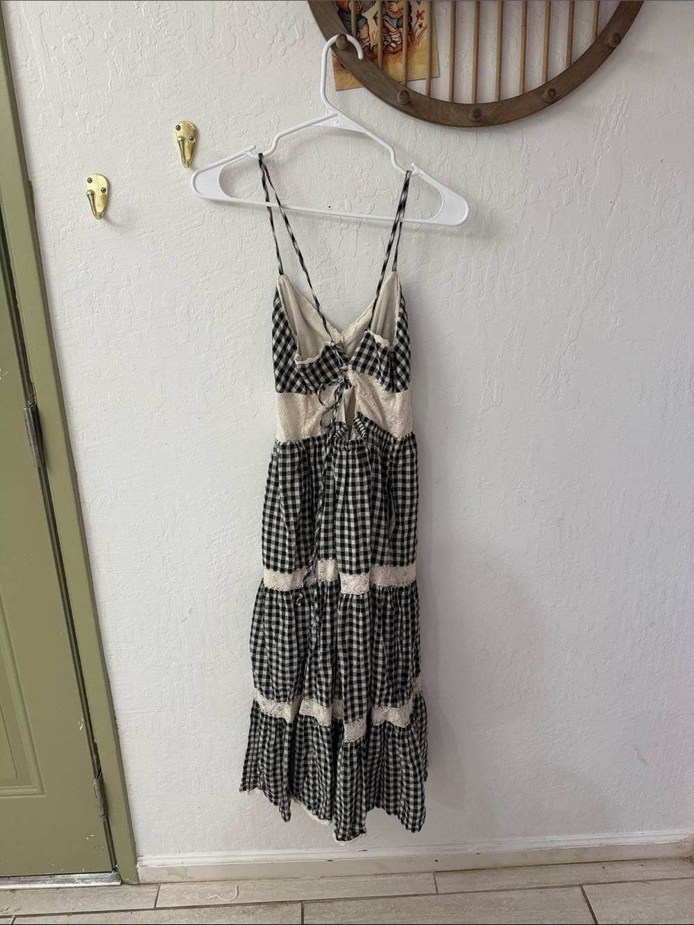 American Eagle Plaid Black Gingham Sundress Midi Tiered Lace Cottage Core M - Picture 6 of 7